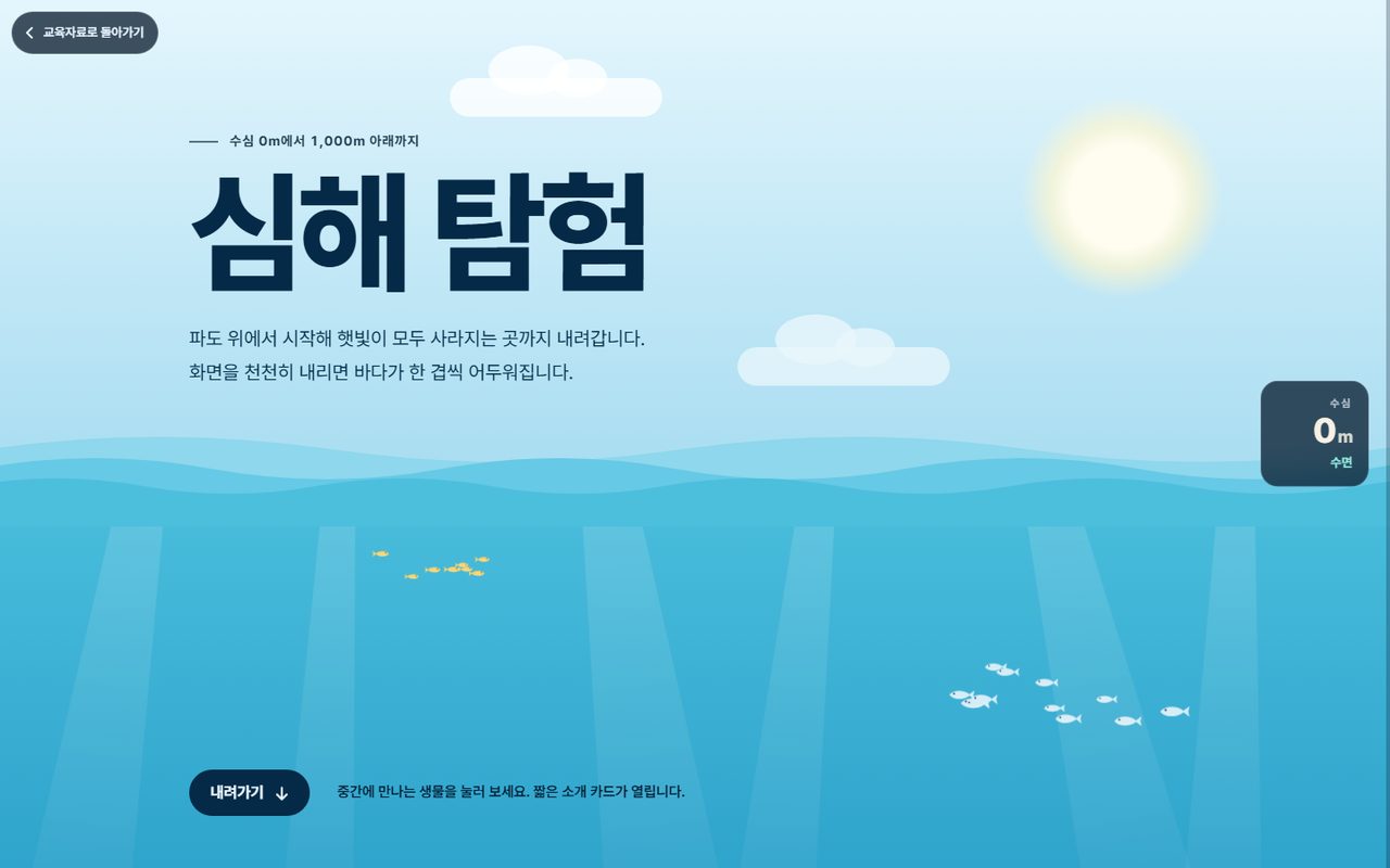 스크롤하며 바닷속으로 내려가는 심해 탐험 사이트 화면
